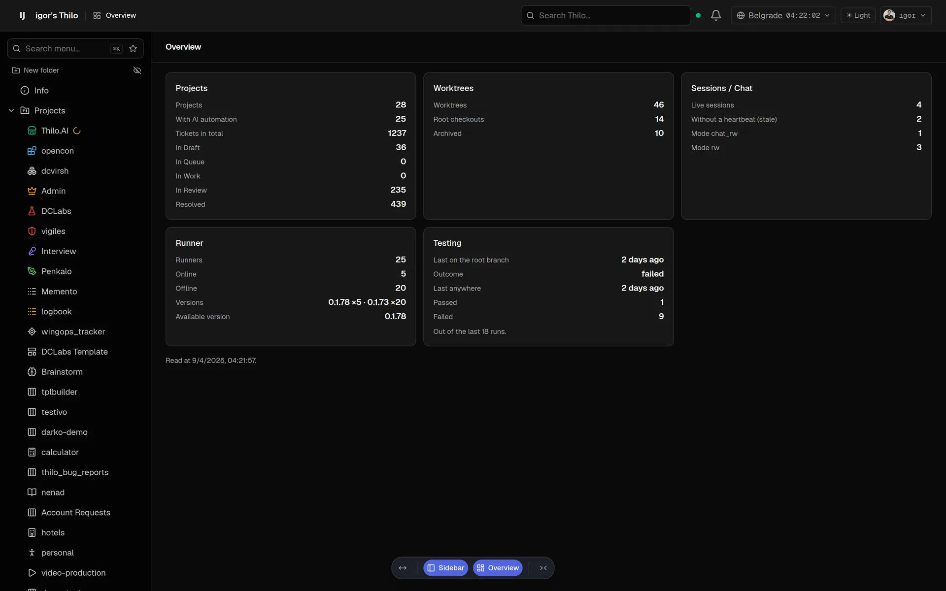 thilo.ai tenant overview with projects, worktrees, sessions and runner statistics